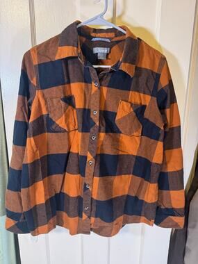 Natural Reflections Women's L Flannel Shirt Burnt Orange Navy Plaid Cotton